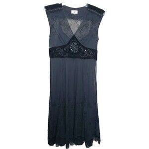 ICE Black Mesh Velvet Beaded Floral V-Neck Sleeveless Midi Dress Vintage Size M